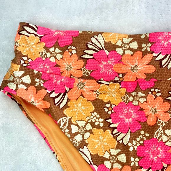 Aerie Neon Orange & Pink Floral High Waist Cheeky Bikini Swim Bottoms - Picture 3 of 9